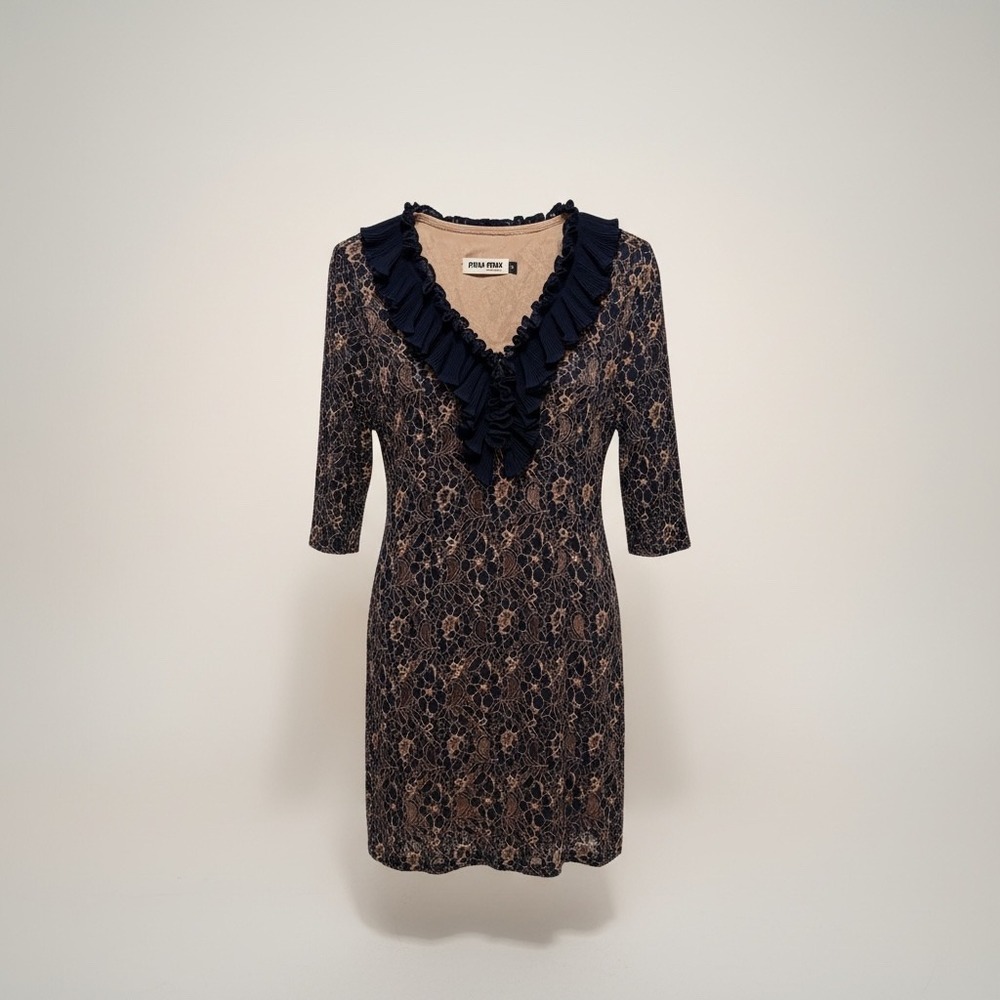 Miu Miu Lace Dress IT 42 US 2 Navy Nude Ruffle Neck Made in Italy